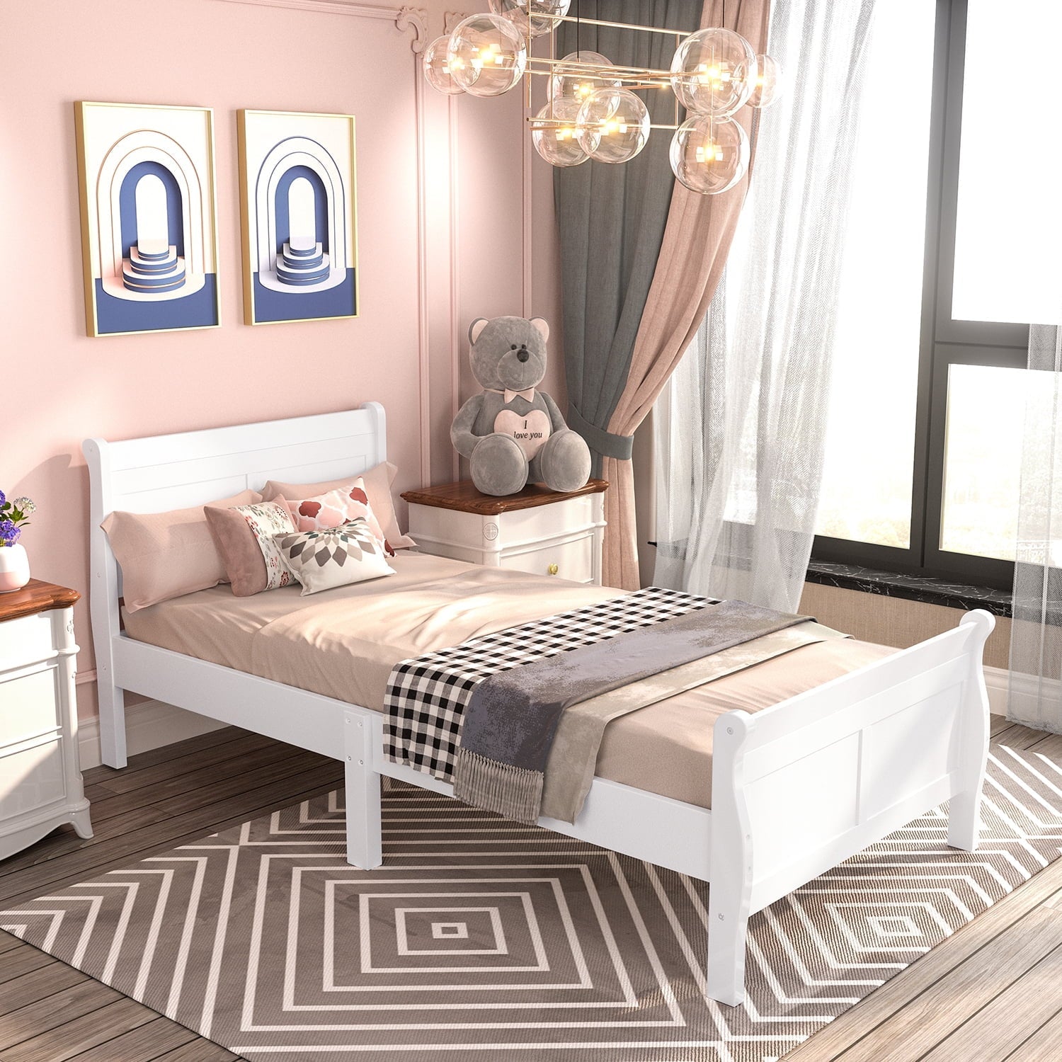 Twin Bed Frame No Box Spring Needed, Wood Platform Bed Frame with Headboard and Footboard, Strong Wooden Slats, Twin Bed Frames for Kids, Adults, Modern Bedroom Furniture, White, W9772