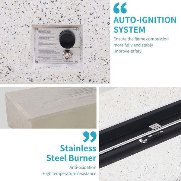 56 in. 50000 BTU Large White Rectangle Composite GRFC Fire Pit Table with Glass Wind Guard and Water-Resistent Cover