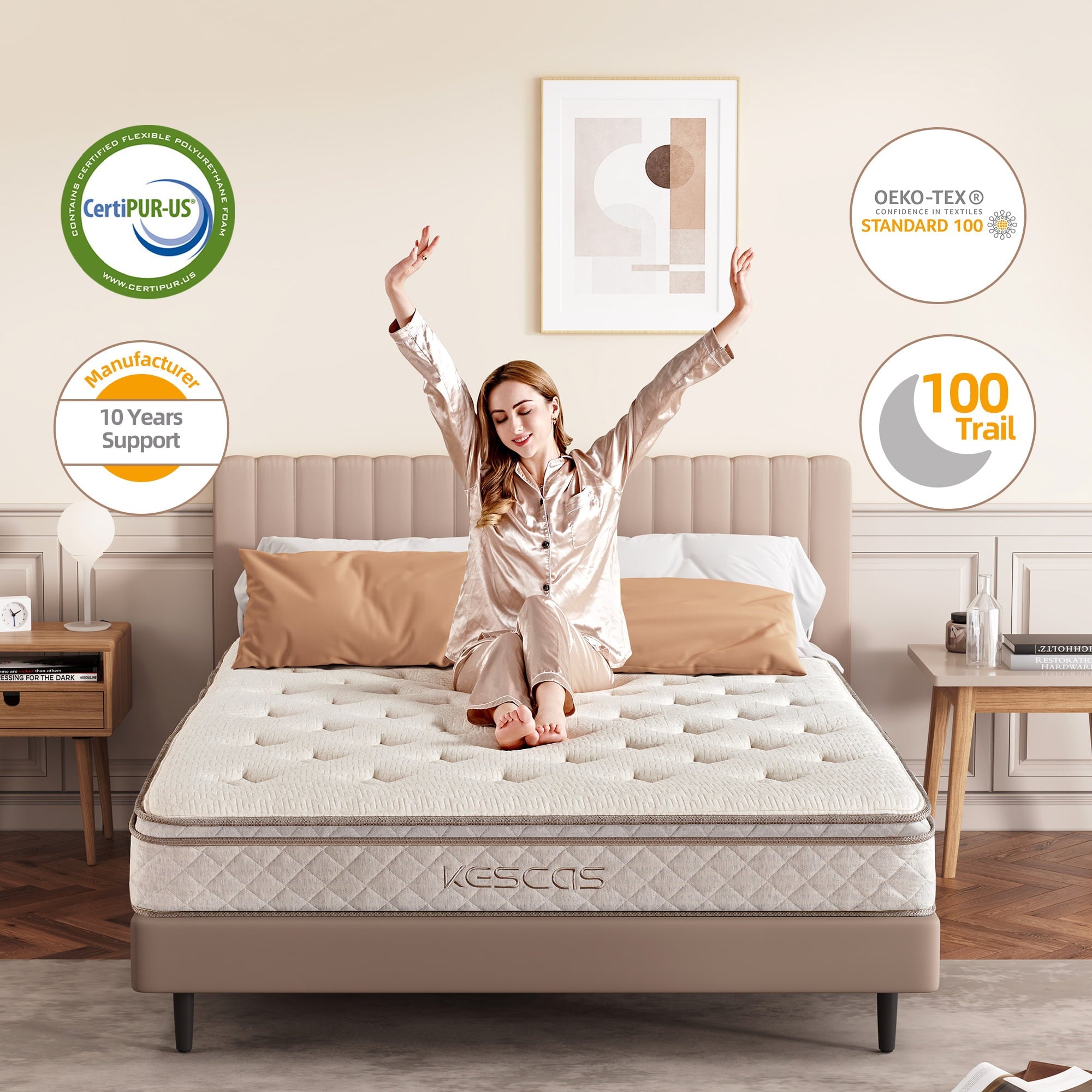 Size Mattress, Kescas 10 inch Euro Top Linen Cover Innerspring Mattress, Pocket Spring Hybrid Mattresses with CertiPUR-US Certified Memory Foam, Plush Yet Supportive