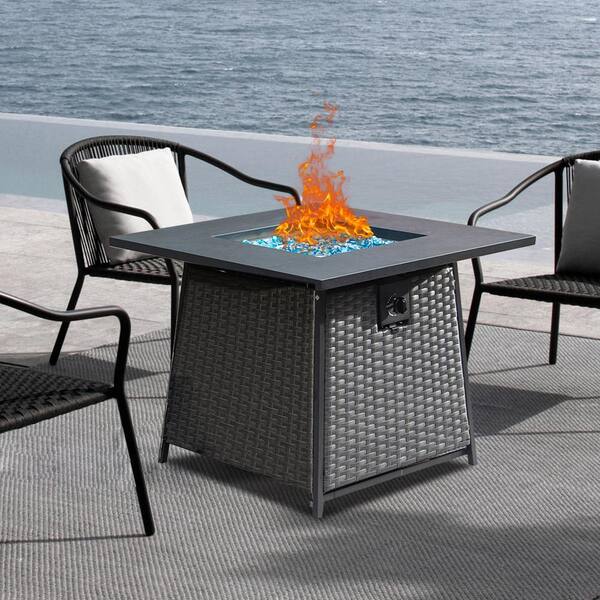 Dark Gray Square Metal 32 in. Propane Fire Pit Table with Blue Glass Ball and ETL-Certified