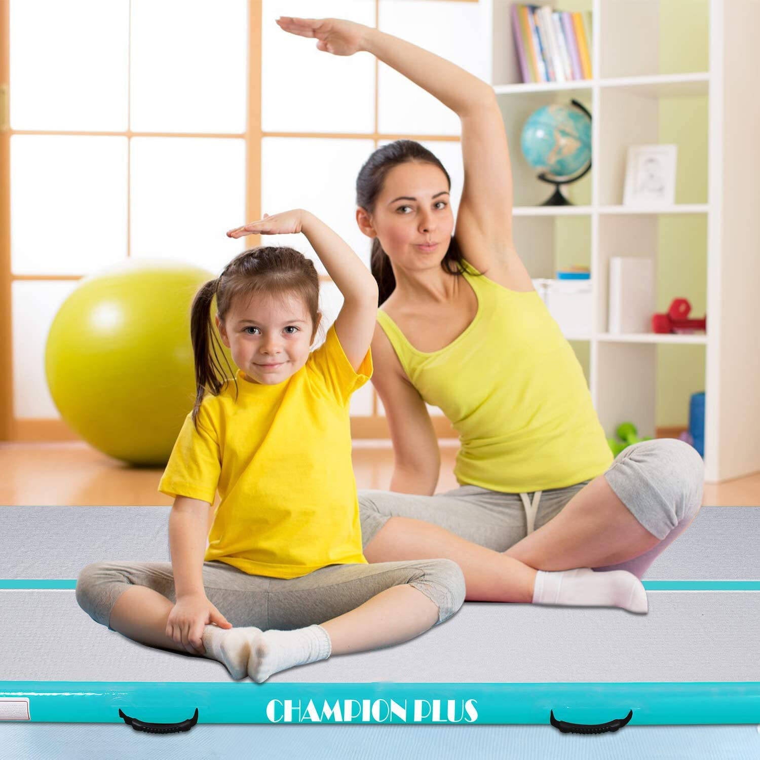 CHAMPIONPLUS Air Track 10ft 13ft 16ft 20ft Inflatable Air Tumble Track Gymnastics Tumbling Mat 4in 8in Thick Mats for Home Use/Training/Cheerleading/Water/Yoga Electric Air Pump, Mint Green 10ft 4in