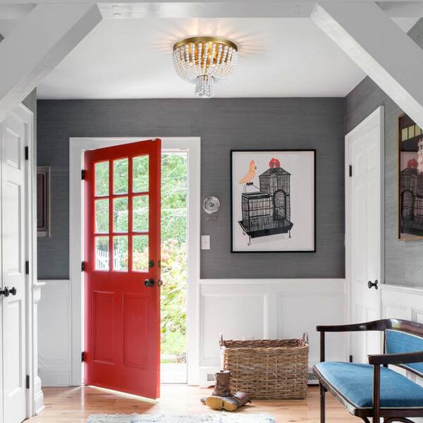 13.75 in. 3-Light Gold Flush Mount with White Wood Beads