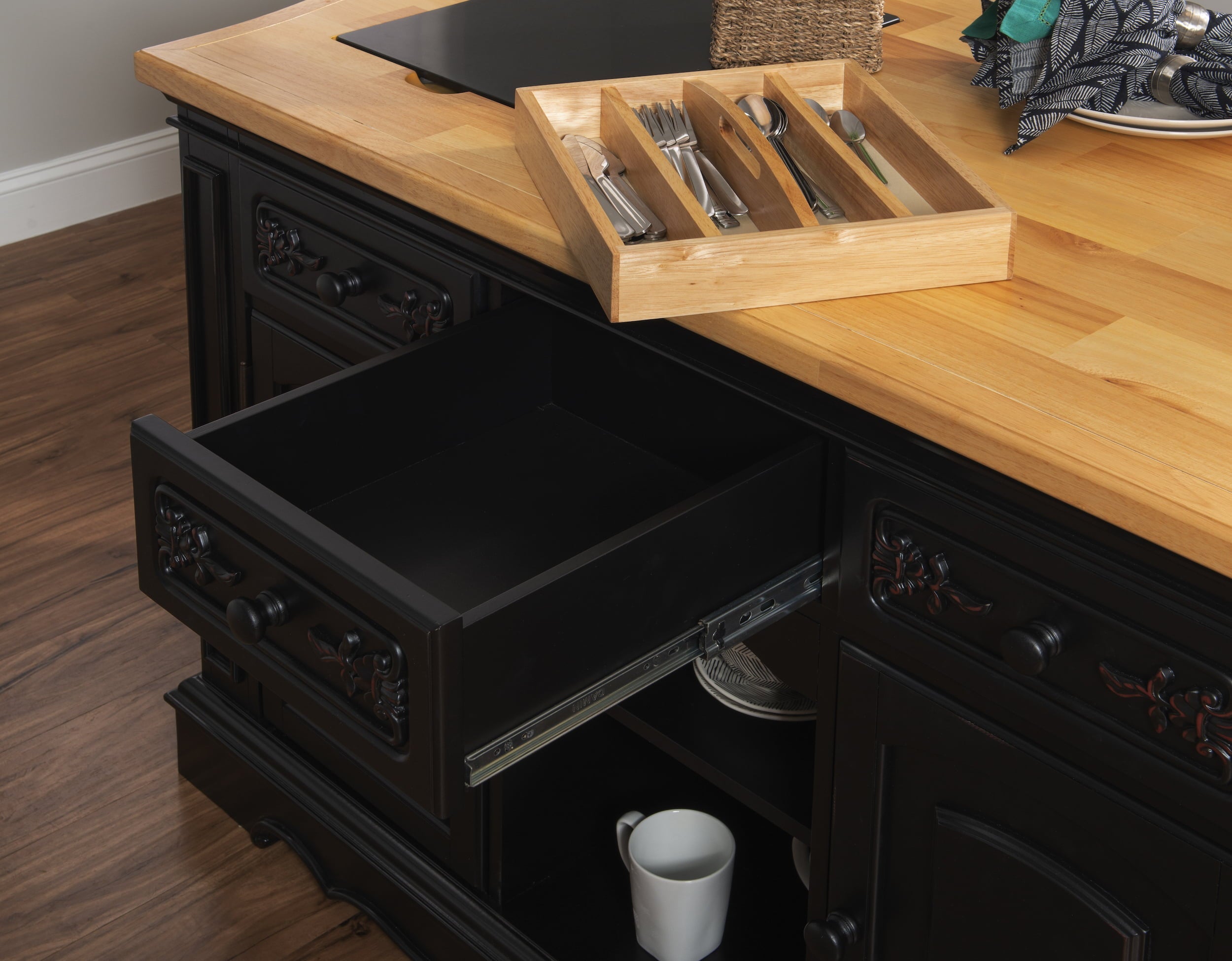 Pennfield Kitchen Island with Black Granite Removable Cutting Surface, Black and Natural