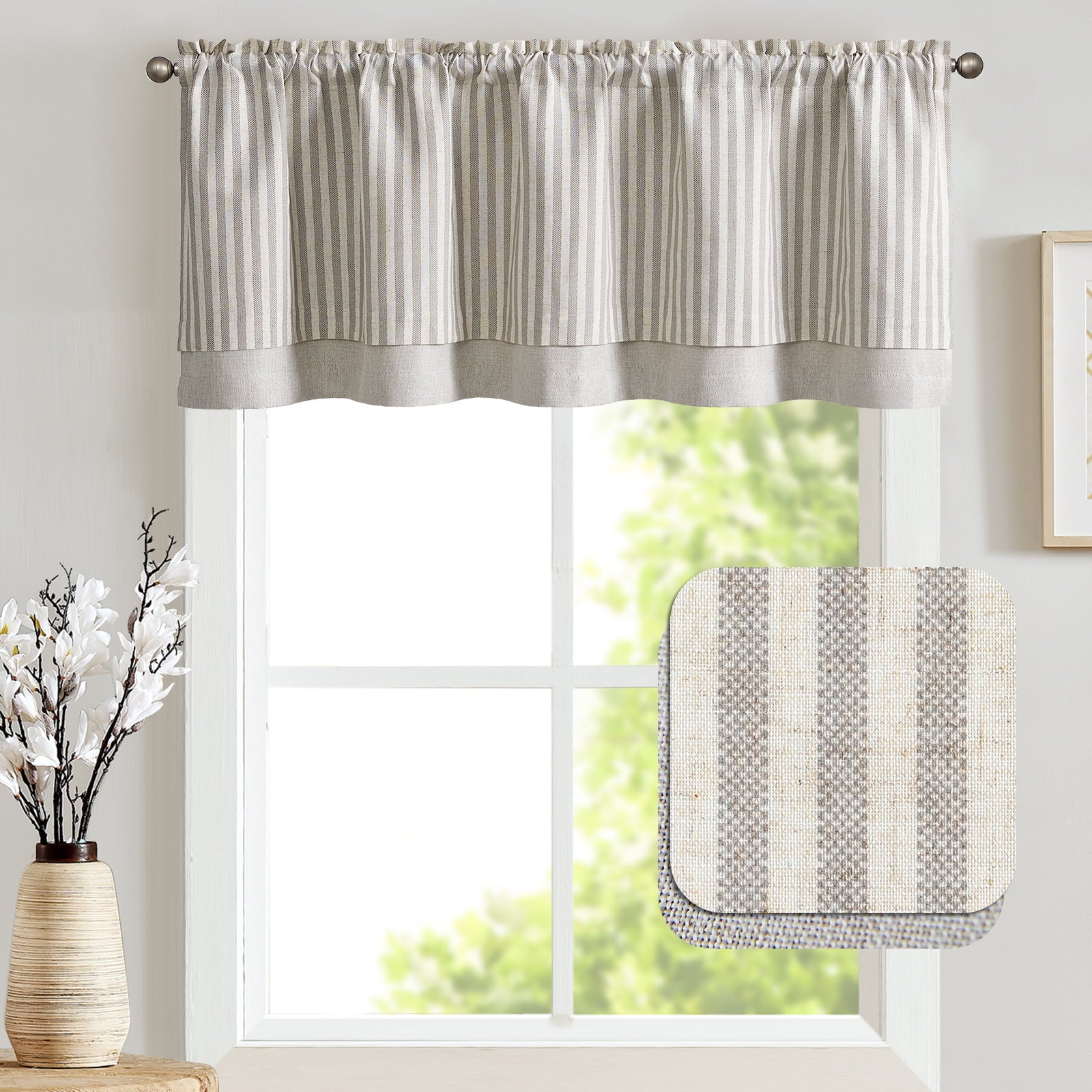 Curtainking Stripe Blackout Kitchen Valance 18 Inch Double Layer Farmhouse Window Valances for Kitchen Living Room Rod Pocket 1 Panel Grey on Beige