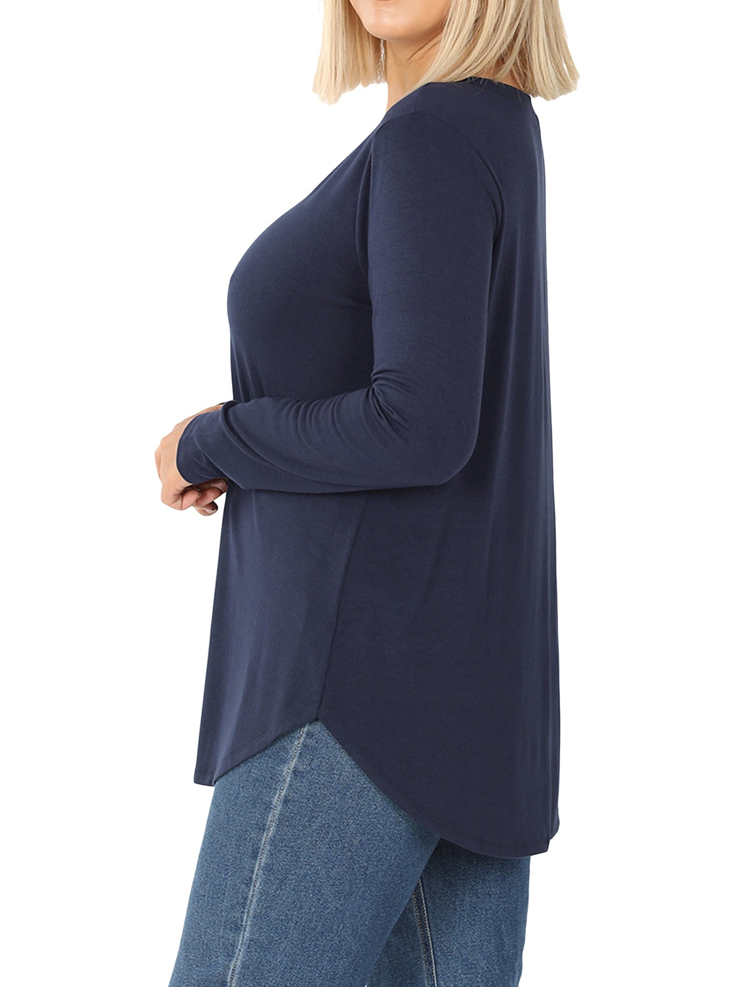 Zenana Women & Plus Relaxed Fit Long Sleeve V-Neck Round Hem Jersey Tee Shirt Top