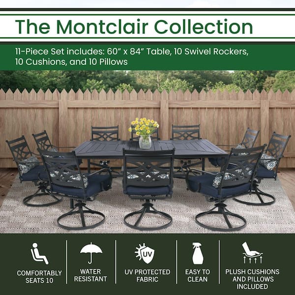 Montclair 11-Piece Steel Outdoor Dining Set with Navy Blue Cushions, 10 Swivel Rockers and 60 in. x 84 in. Table