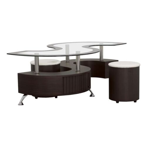 Coaster Buckley 3-Piece Clear Glass Top Coffee Table with Stools in Cappuccino