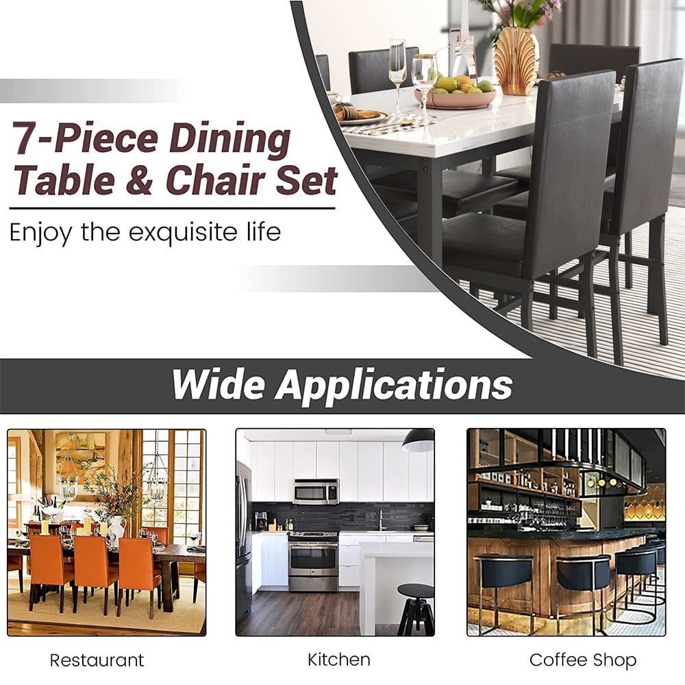 7 Piece Kitchen Dining Table & Chair Set, Dining Room Table Set with Faux Marble Tabletop PU Leather Padded Chairs, Rectangle Dining Table Set for 6, Dinette Set for Kitchen Dining Room Small Space