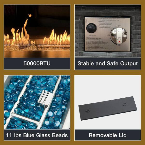 Dark Gray Rectangle Steel 43.31 in. 50000 BTU Propane Fire Pit Table with Glass Wind Guard and ETL-Certified