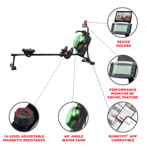 Sunny Health Fitness Smart Hydro+ Magnetic Compact Water Rower SF-RW522017GRN