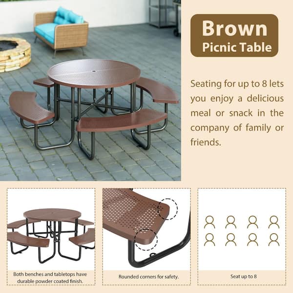 83.46 in. Coffee Round Industrial Strength Steel Picnic Table Seats 8-People with Umbrella Hole