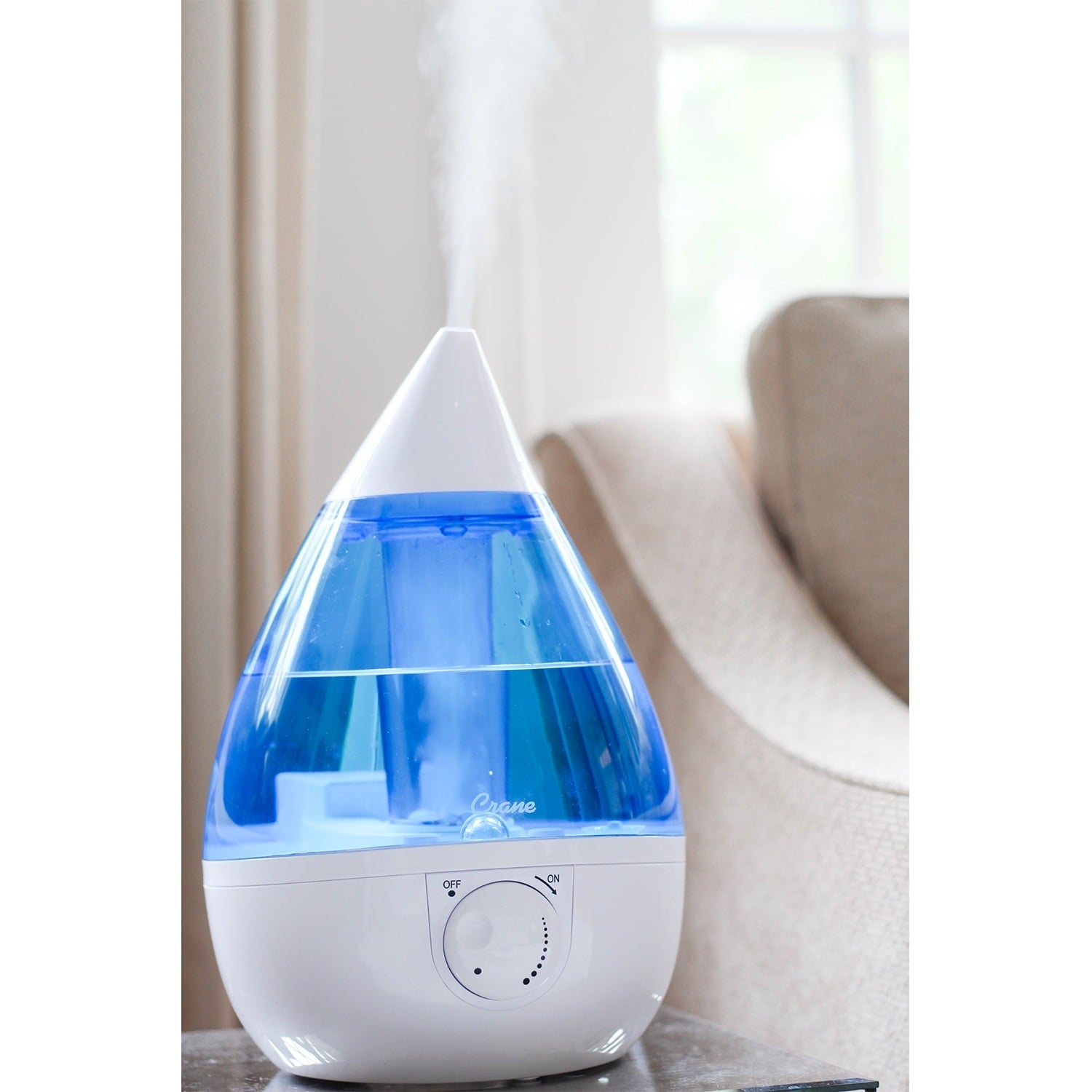 Crane Drop Ultrasonic Cool Mist Humidifier, 1.0 Gallon, 24 Hour Run Time, Whisper Quiet, 500 Sq. Ft. Coverage, Blue/White
