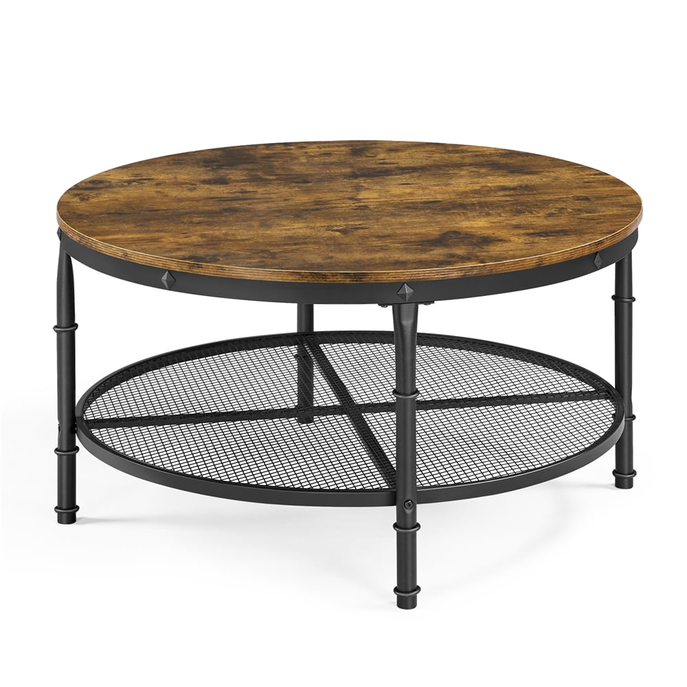 Smilemart Modern Round Metal Coffee Table with Storage Shelf, Rustic Brown