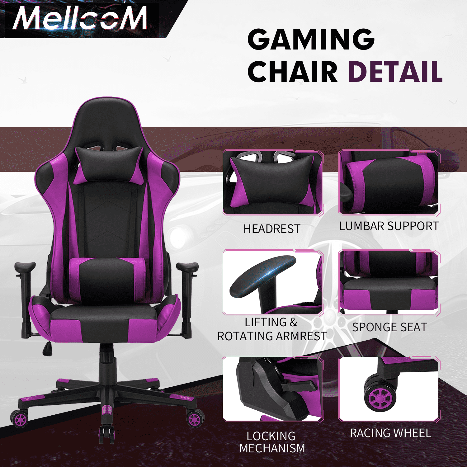 Hommow Gaming Chair,Office Chair High Back PC Desk Chair,Adjustable handrail,Purple