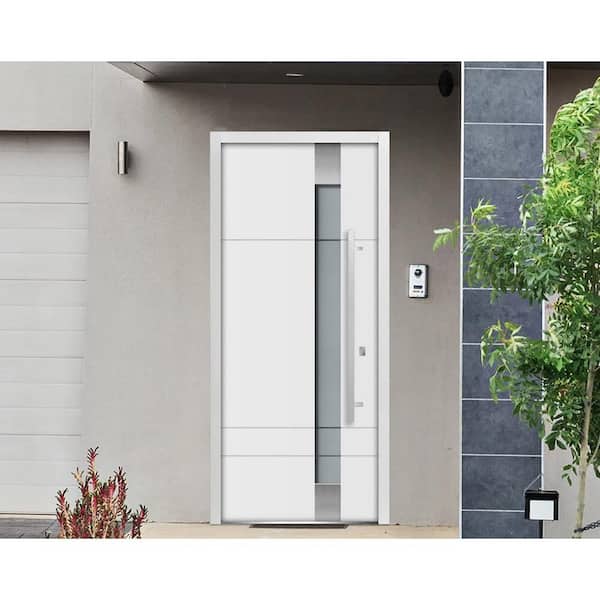 36 in. x 80 in. 1 Panel Right-Hand/Inswing 4 Lites Frosted Glass White Finished Steel Prehung Front Door with Hardware