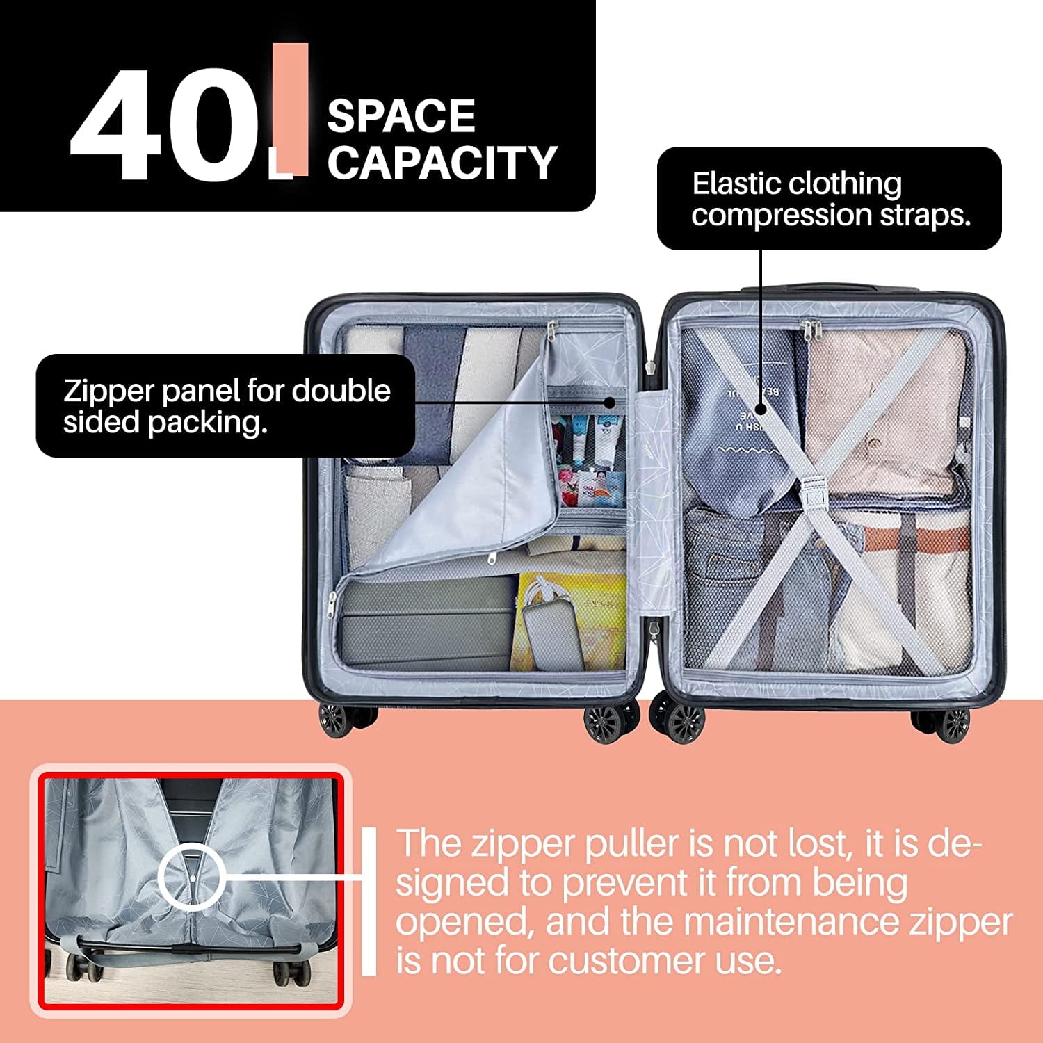 Suitcase AnyZip PC ABS Hardside Lightweight Luggage with 4 Universal Wheels TSA Lock Carry On 20 Inch USB Pink