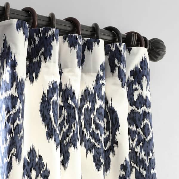 Ikat Blue Printed Room Darkening Curtain - 50 in. W x 108 in. L Rod Pocket with Back Tab Single Window Panel