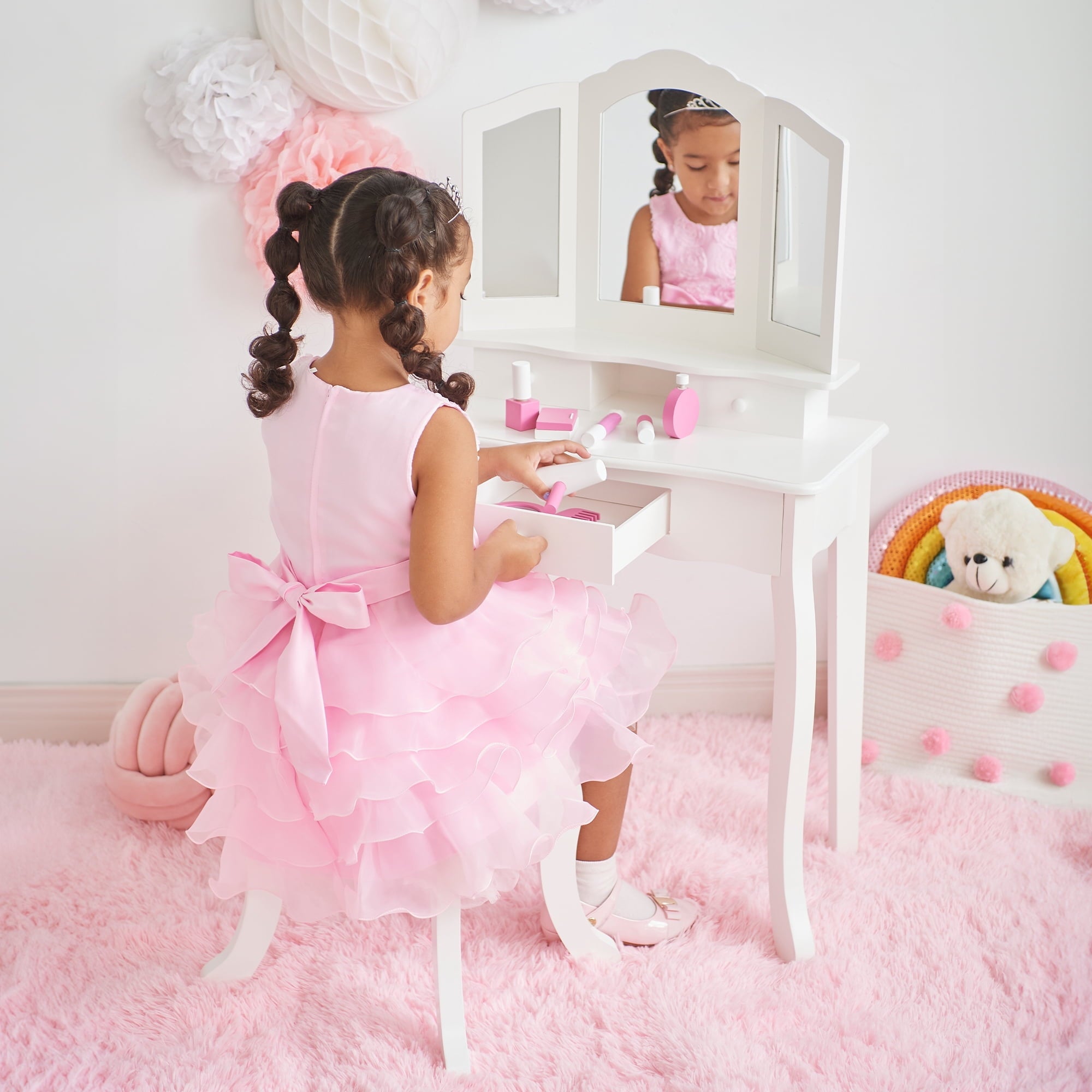 Teamson Kids Little Princess Ashlev Wooden Vanity Playset with Stool, White/Pink