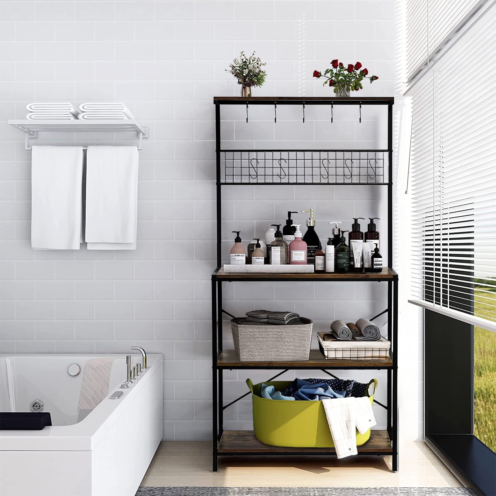 Vebreda Baker's Rack, Industrial Kitchen Island with Hooks Microwave Stand Adult