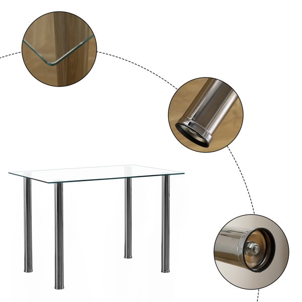 4-seat Simple 日ectangular Cylindrical Leg Table Tempered Glass Stainless Steel Clear Glass 110 * 70 * 75cm