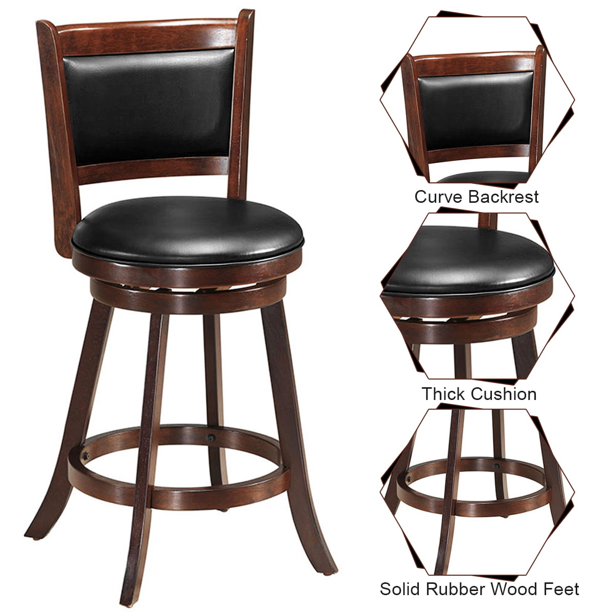 Costway Set of 2 24'' Swivel Counter Stool Wooden Dining Chair Upholstered Seat Espresso Panel back