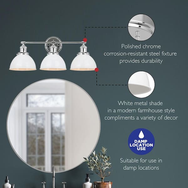 Savannah 26 in. W. 3-Light Polished Chrome Vanity Light with Satin White Shades