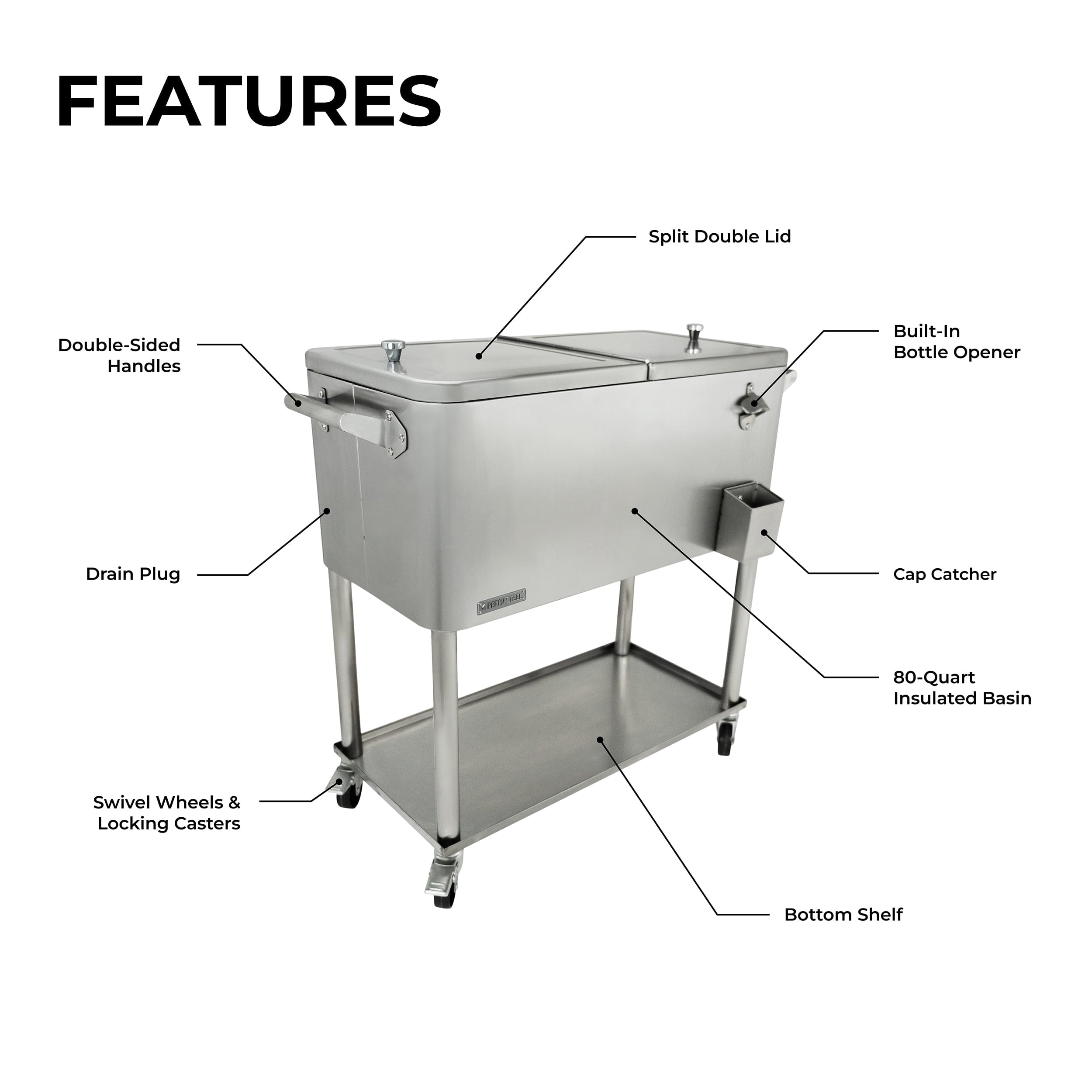 Permasteel PS-206-SS 80 Quart Rolling Patio Cooler with Bottom Tray, Stainless Steel
