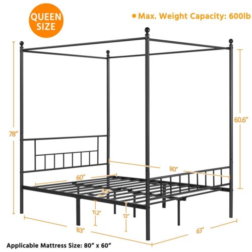 Metal Canopy Bed Frame With Headboard/Foot<wbr/>board Four-poster Bed Twin/Full/Quee<wbr/>n