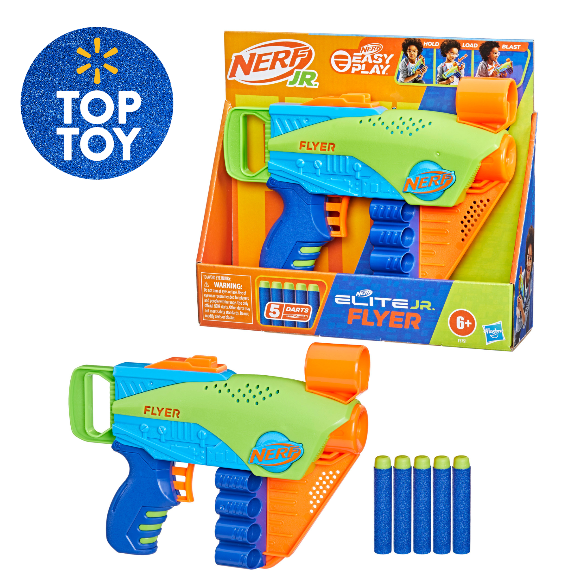 Nerf Elite Jr Flyer, Easy Play Foam Dart Blaster, 5 Nerf Elite Darts, Christmas Stocking Stuffers for Kids, 6+