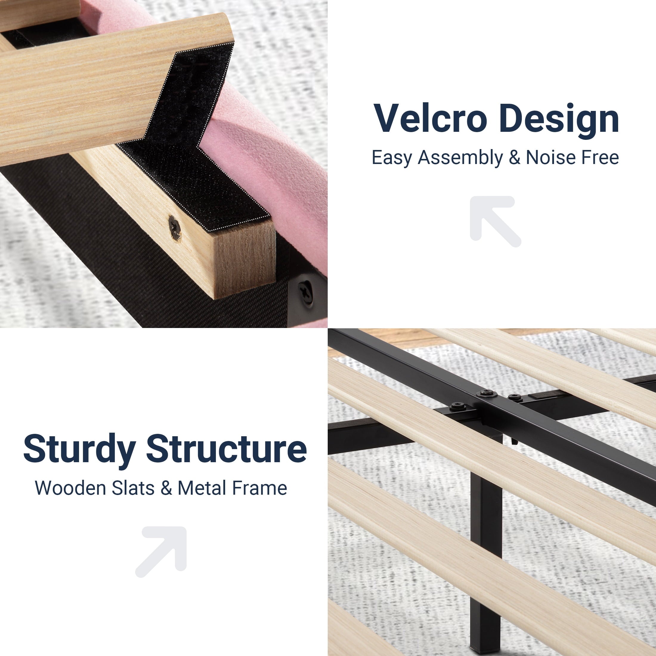 Allewie Queen Velvet Upholstered Bed Frame with Vertical Channel Tufted Headboard, Light Pink