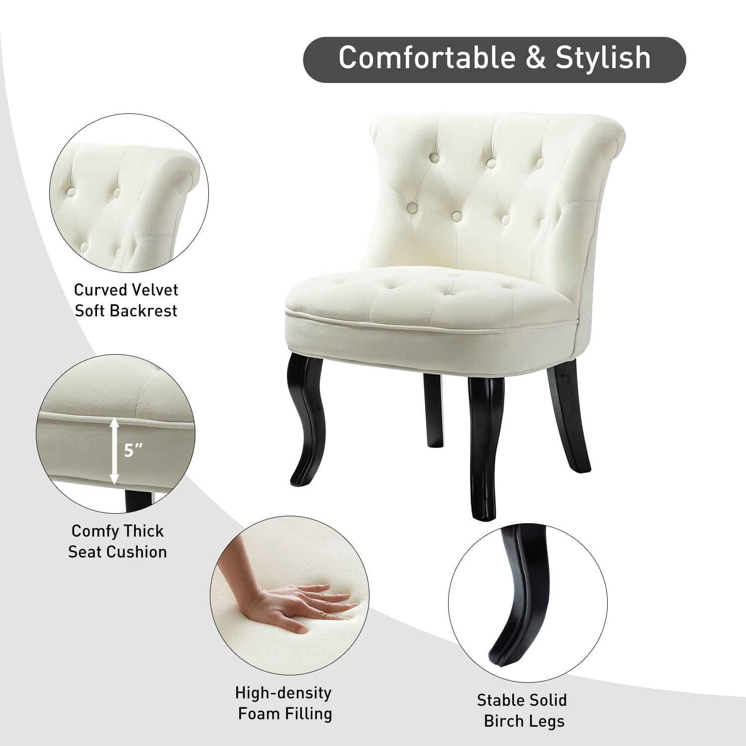 14 Karat Home Velvet Armless Accent Chair Upholstered Button Wooden Legs Bedroom Adult White