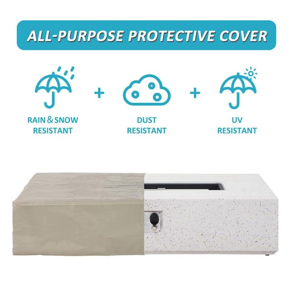 56 in. 50000 BTU Large White Rectangle Composite GRFC Fire Pit Table with Glass Wind Guard and Water-Resistent Cover