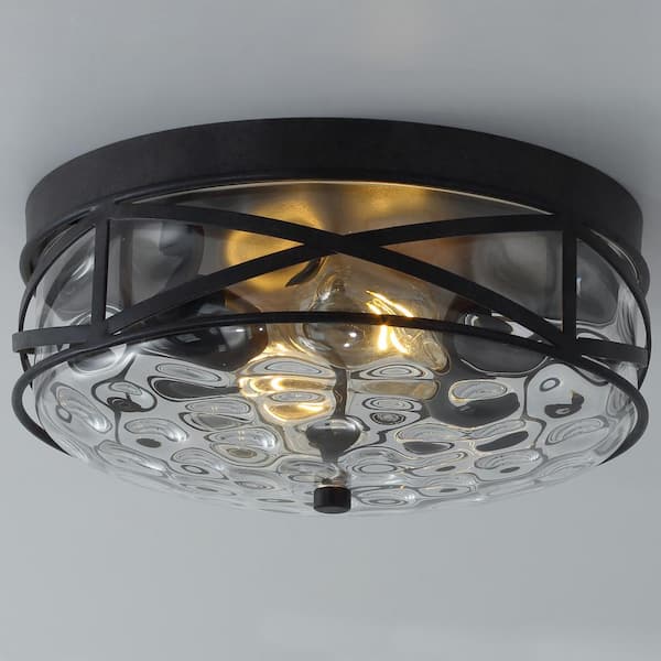 11.4 in. 2-Light Farmhouse Flush Mount Ceiling Light Fixture with Water Ripple Glass Shade