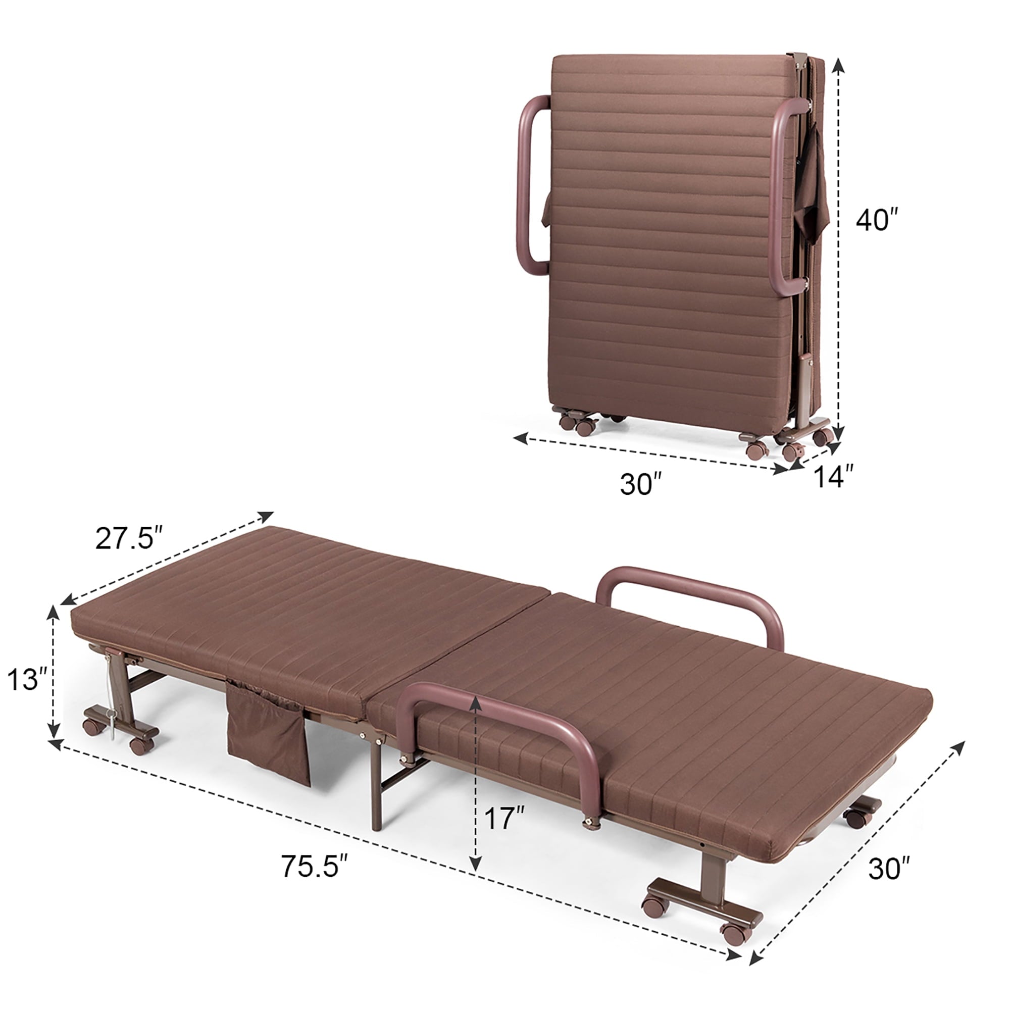 Costway Folding Bed Adjustable Guest Single Bed Twin Mattress Portable Wheels Brown