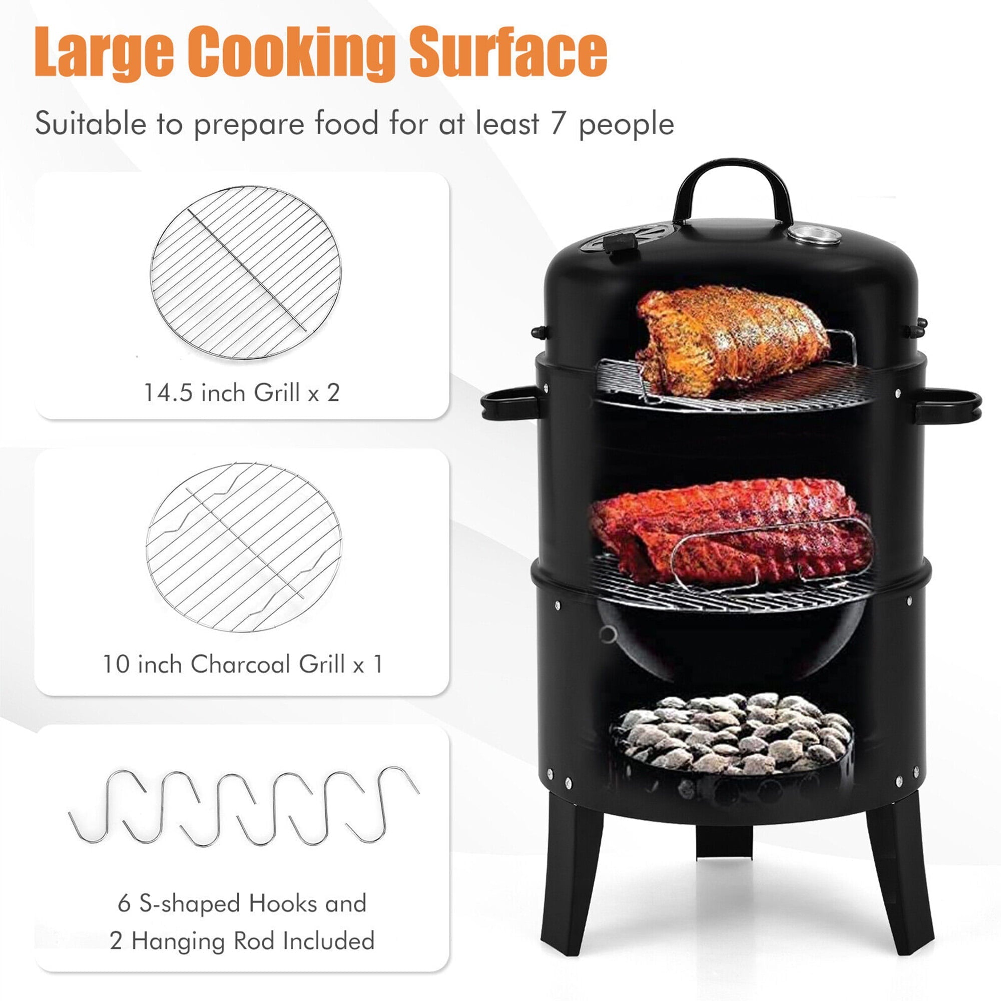Gymax 3 in 1 Vertical Charcoal BBQ Smoker Grill Separable w/ Built-in Thermometer