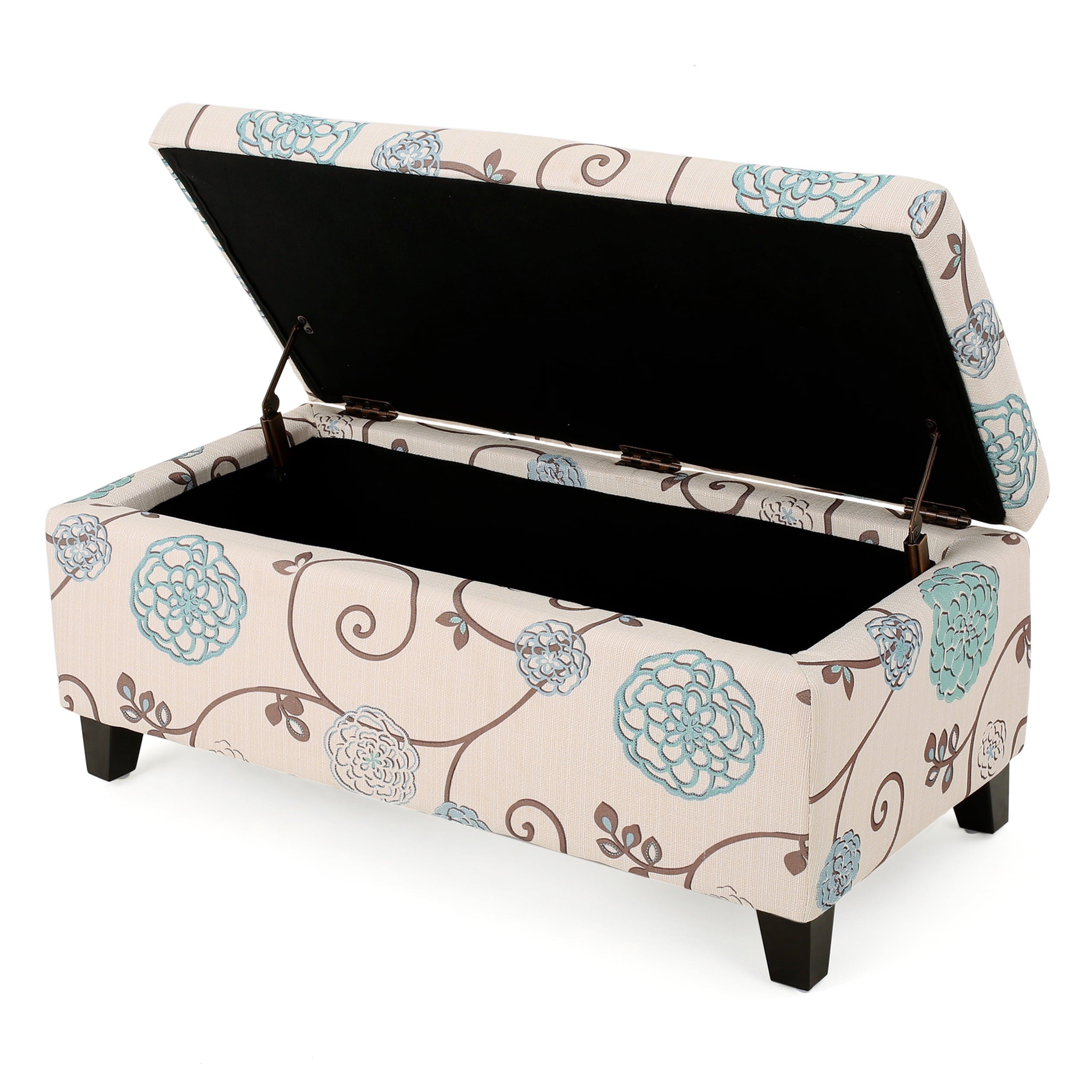 Noble House Hampton Contemporary Fabric Upholstered Storage Ottoman, White and Blue Floral