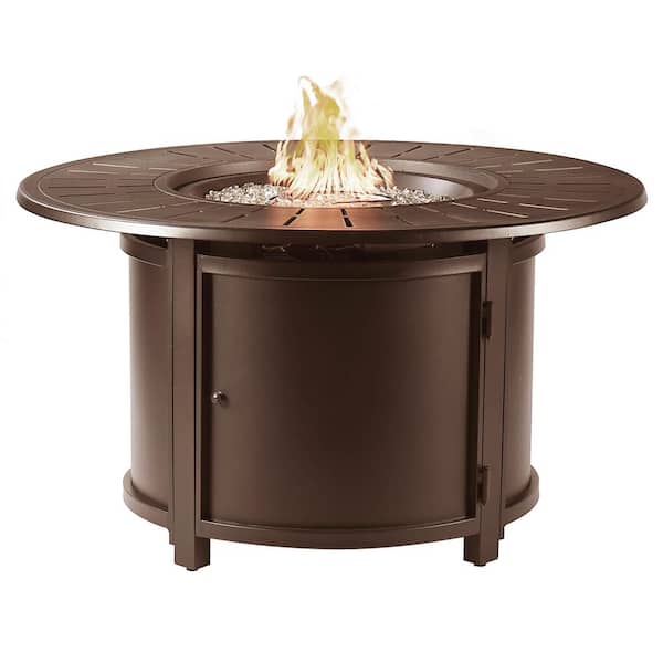 44 in. x 44 in. Brown Round Aluminum Propane Fire Pit Table with Glass Beads, 2 Covers, Lid, 55,000 BTUs