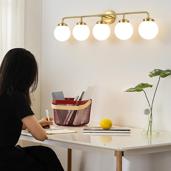 38.98 in. 5-Light Gold Bathroom Vanity Light with Opal Glass Shades, Bulbs not Included