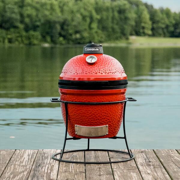 Joe Jr. 13.5 in. Portable Charcoal Grill in Red with Cast Iron Cart, Heat Deflectors and Ash Tool