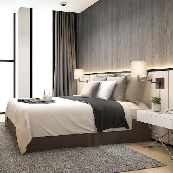 Anderson Dark Bronze Plug-In Swing Arm Wall Lamp with Beige Fabric Shade, LED Bulb Included