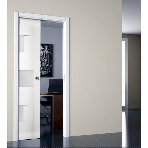 36 in. x 96 in. Single Panel White Solid MDF Double Sliding Doors with Pocket Hardware
