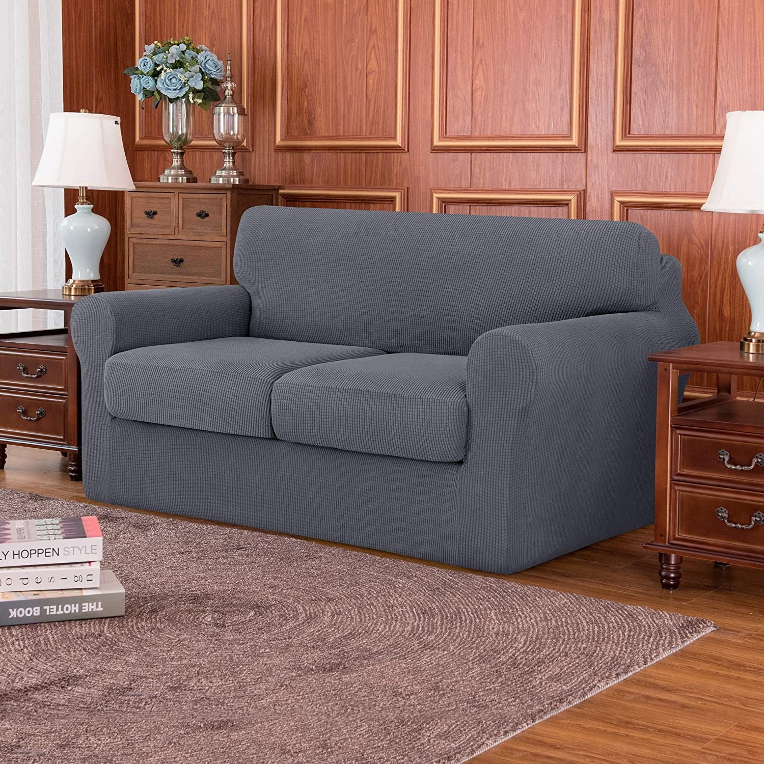 Subrtex 3-Piece High Spandex Textured Grid Sofa Slipcover, Separate Cushion Cover(Gray, Loveseat)