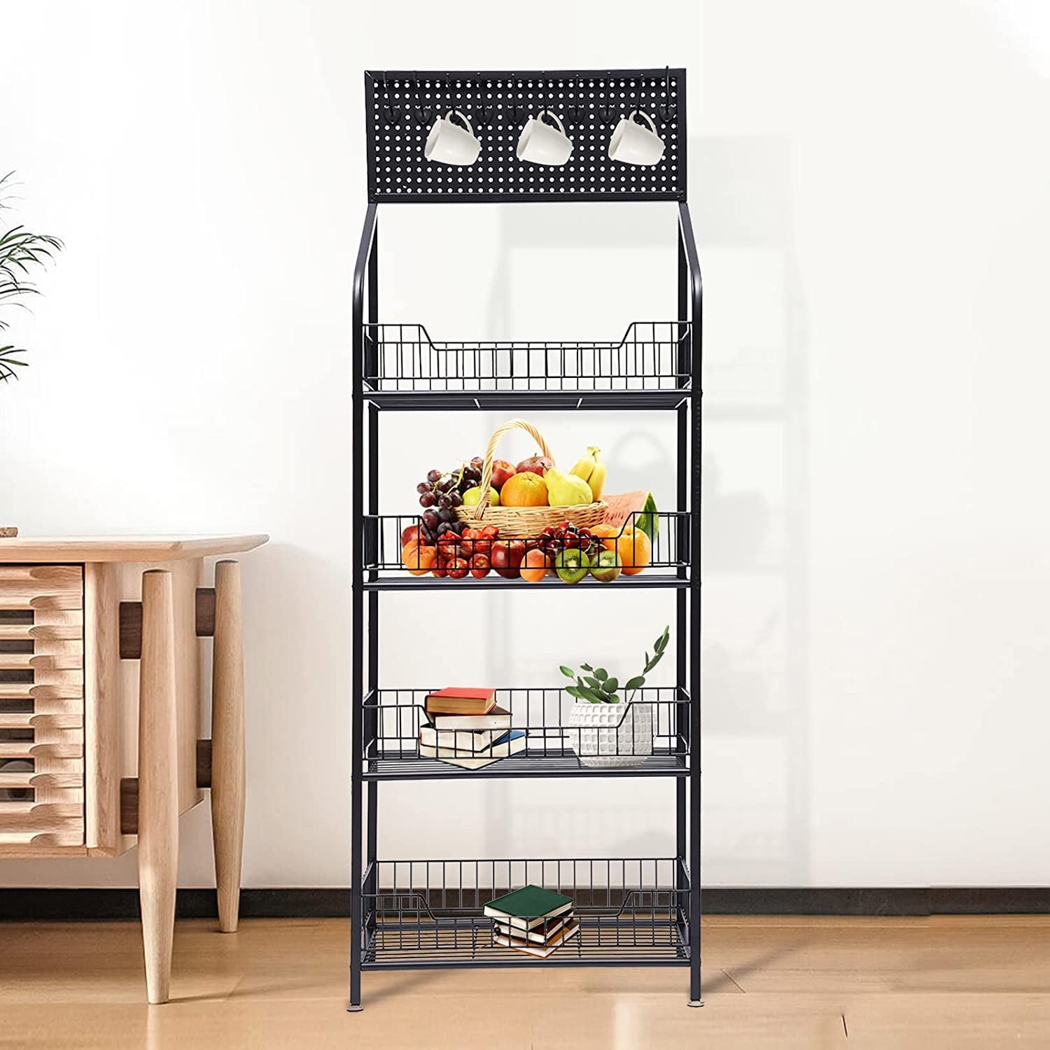 Miumaeov 4 tier Bakers Rack with 5 Metal Hooks,Standing Shelf Units Steel Wire Shelving Metal Steel Heavy Duty Standing Shelf Standing Baker's Racks