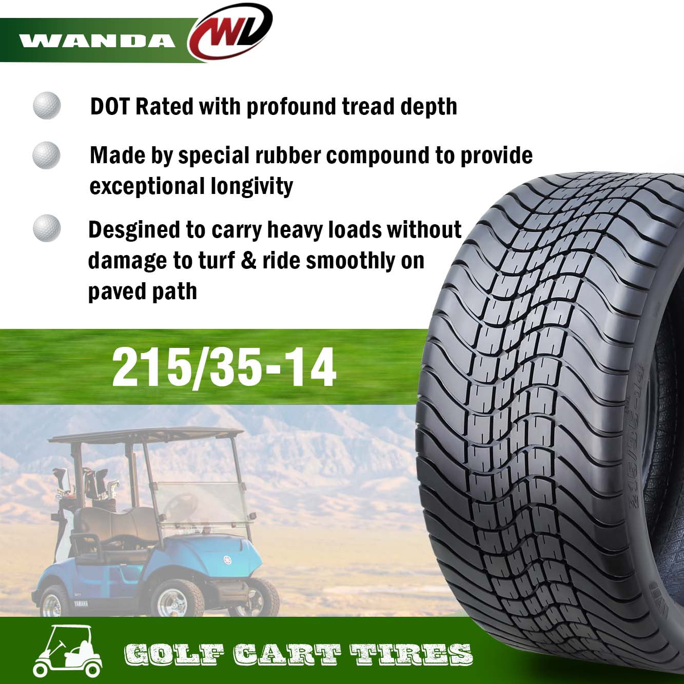 WANDA 215/35-14 Golf Cart ATV Tires 4 Ply 215/35x14 14009