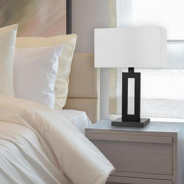 D'Alessio 20 in. Matte Black Table Lamp with White Linen Shade