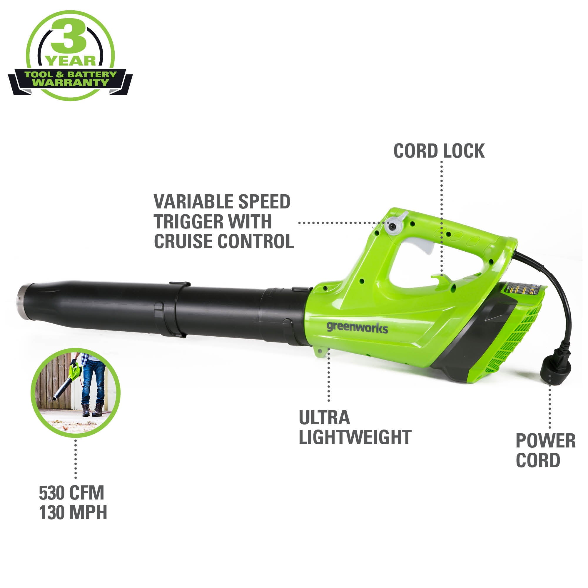 Greenworks 9 Amp 530 CFM Corded Electric Axial Leaf Blower, 2400902