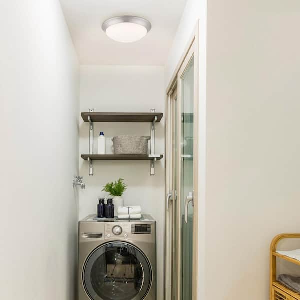 Stetson 11 in. 1-Light Brushed Nickel Integrated LED Selectable CCT Flush Mount with Frosted White Glass Diffuser