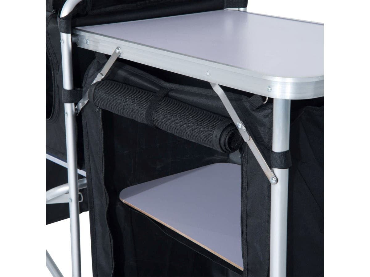 Inch Aluminum Portable Fold-Up Camping Kitchen with Windscreen and 5 Enclosed Cupboards, Cook Station, for BBQ, Camping, Picnic, Backyard