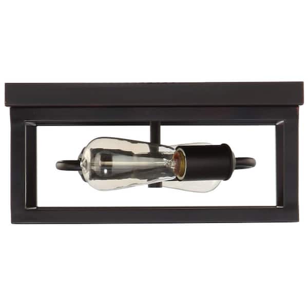 Boswell Quarter 12-1/2 in. 2-Light Black Industrial Open Cage Flush Mount Ceiling Light with Bulbs Included