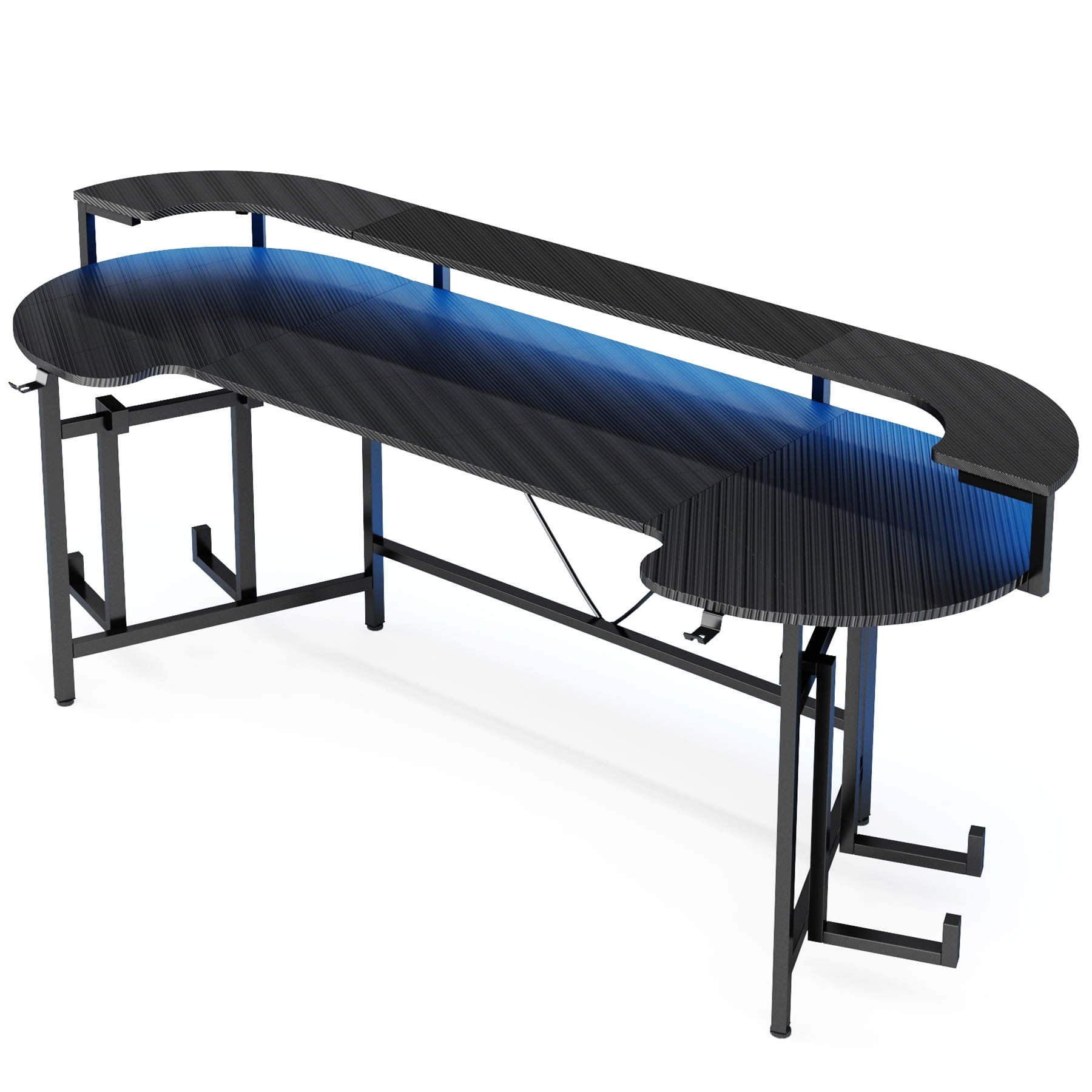 Tribesigns Gaming Desk with Monitor Shelf, 75 inch PC Computer Desk with LED Strip, Carbon Fiber Surface Gaming Table Gamer Workstation for Bedroom, Home Office, Black